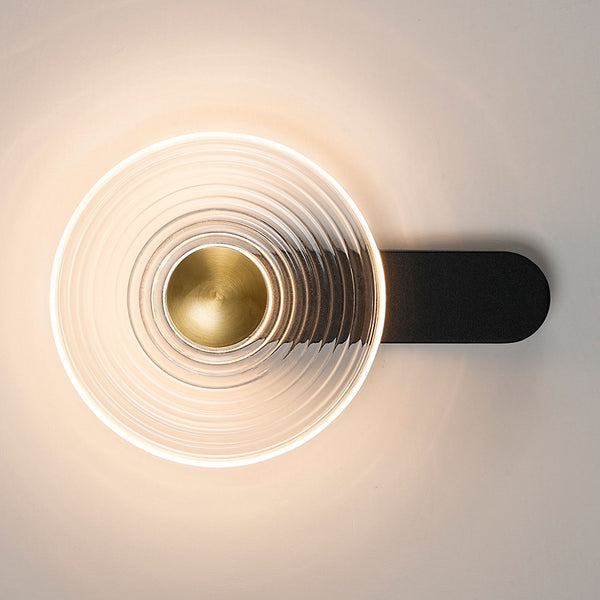 Irvine 7w LED Wall Light in Satin Black with Clear Ripple Glass Shade with Brass Cap