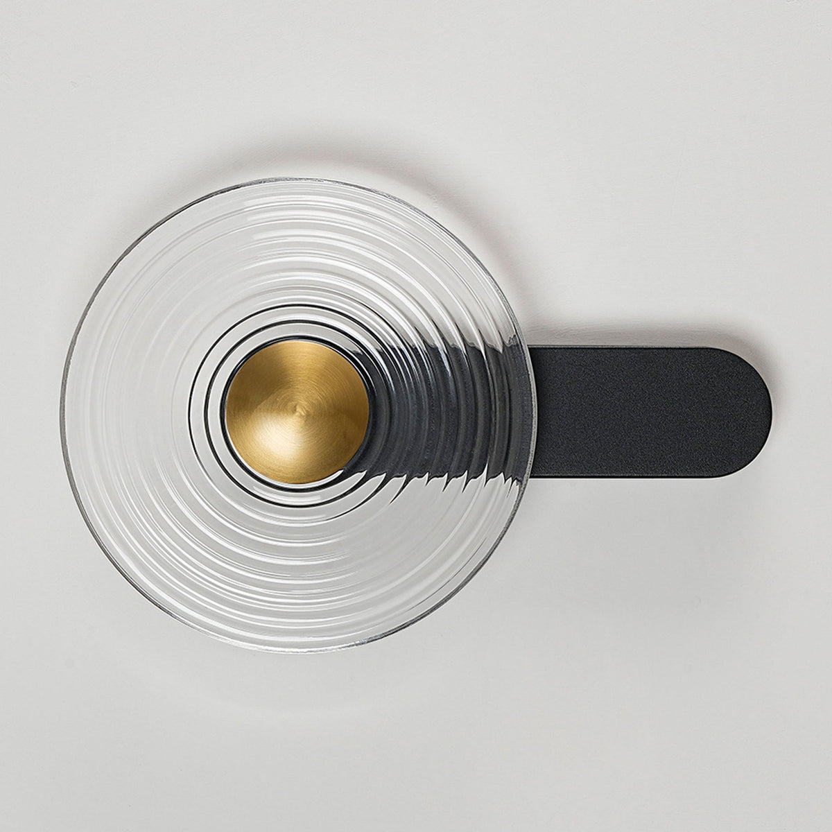 Irvine 7w LED Wall Light in Satin Black with Clear Ripple Glass Shade with Brass Cap