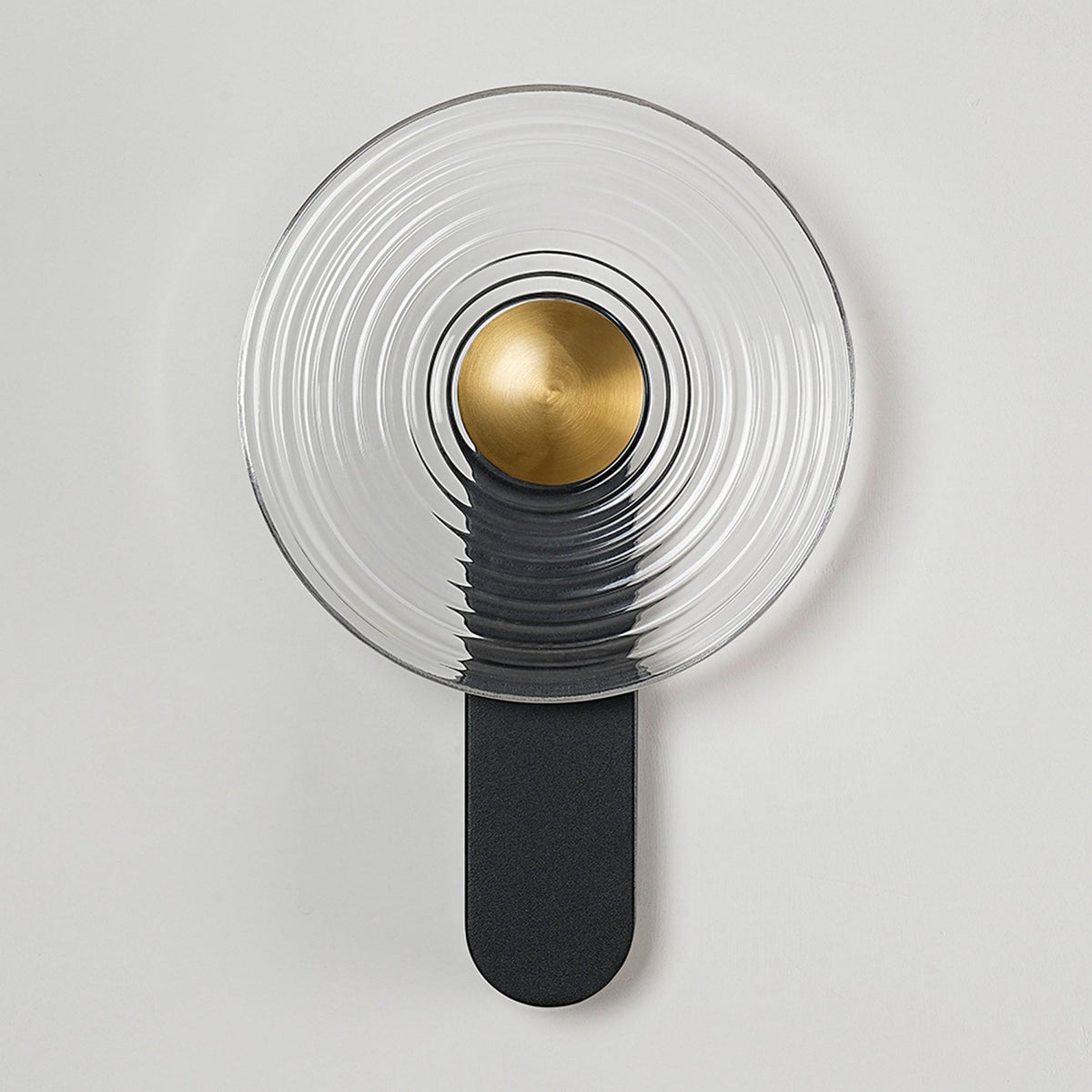 Irvine 7w LED Wall Light in Satin Black with Clear Ripple Glass Shade with Brass Cap