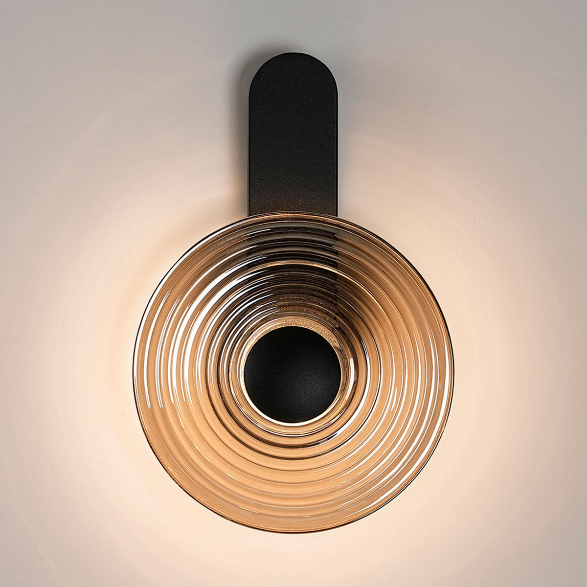 Irvine 7w LED Wall Light in Satin Black with Smoke Ripple Glass Shade with Black Cap