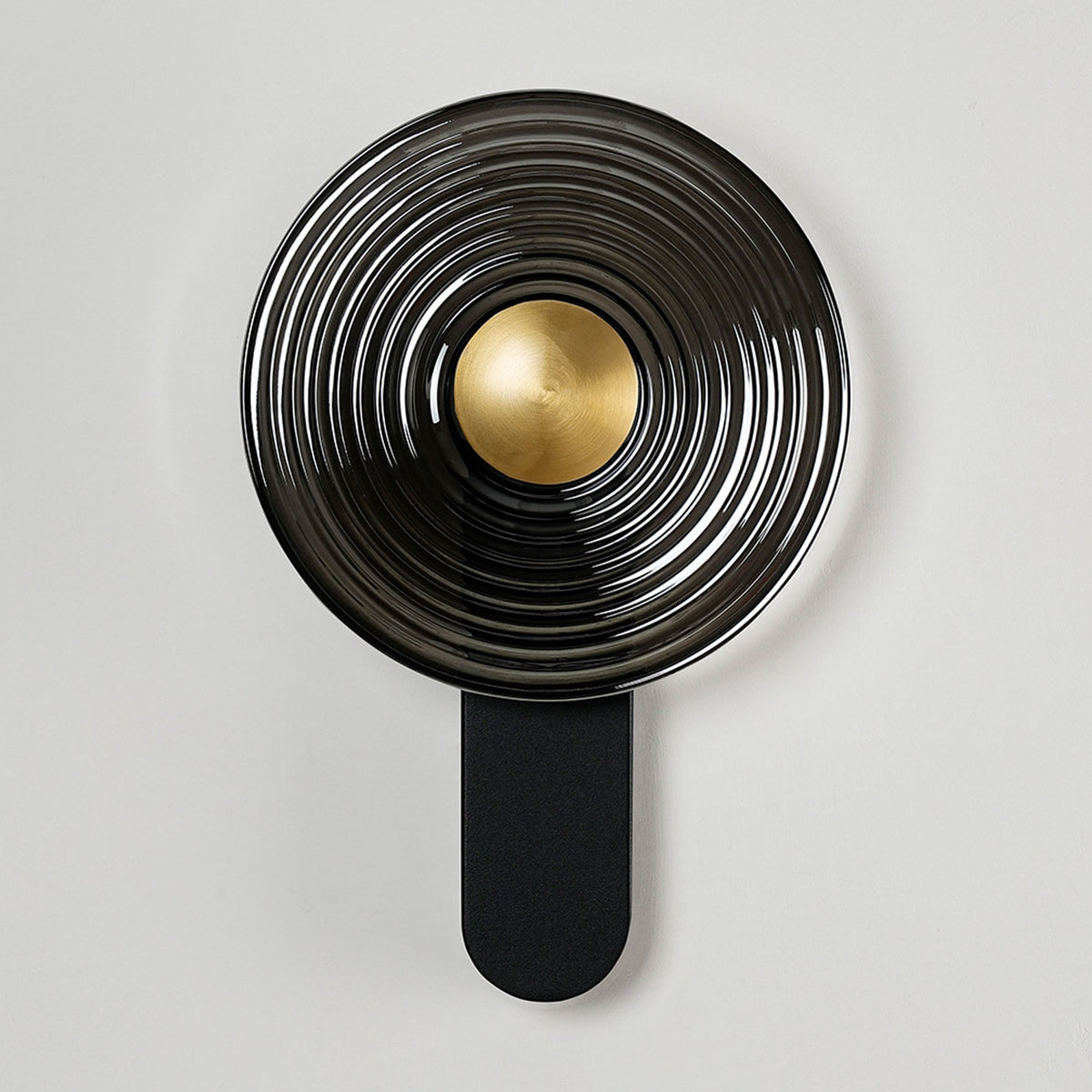 Irvine 7w LED Wall Light in Satin Black with Smoke Ripple Glass Shade with Brass Cap