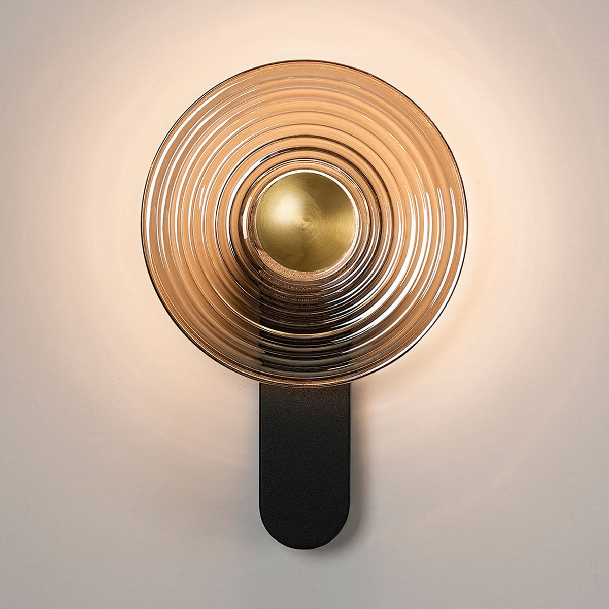 Irvine 7w LED Wall Light in Satin Black with Smoke Ripple Glass Shade with Brass Cap