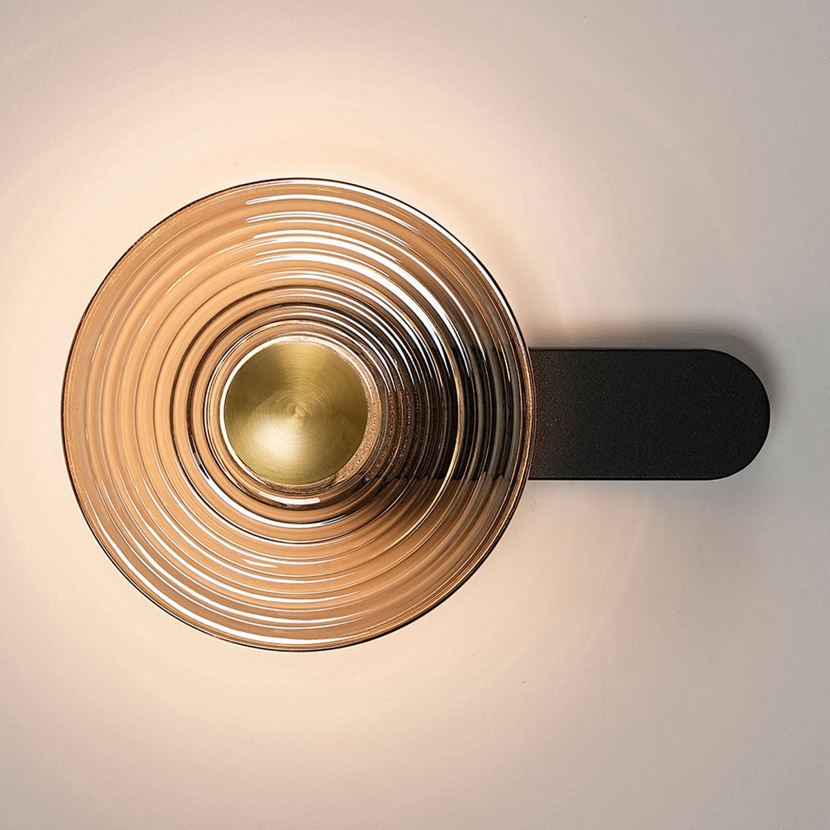 Irvine 7w LED Wall Light in Satin Black with Smoke Ripple Glass Shade with Brass Cap