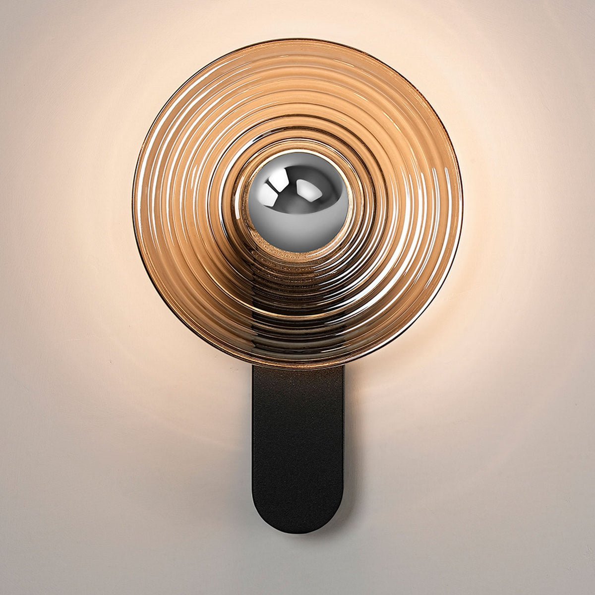Irvine 7w LED Wall Light in Satin Black with Smoke Ripple Glass Shade with Chrome Cap