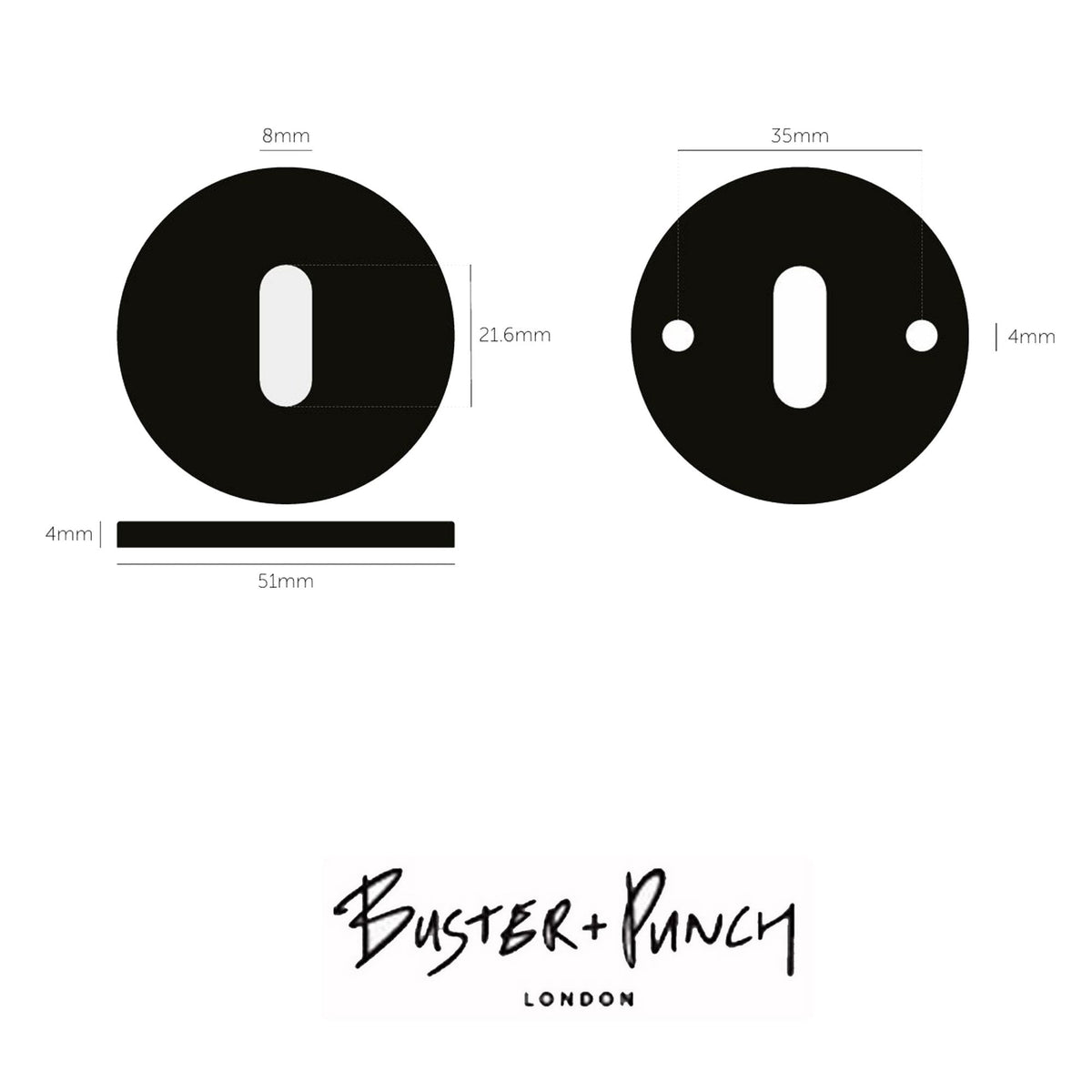 Schematic diagrams of a black keyhole escutcheon with dimensions.