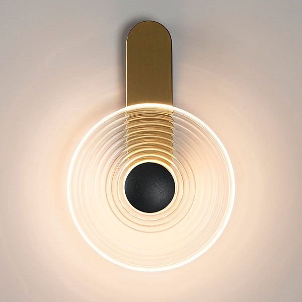 Irvine 7w LED Wall Light in Brass with Clear Ripple Glass Shade with Satin Black Cap