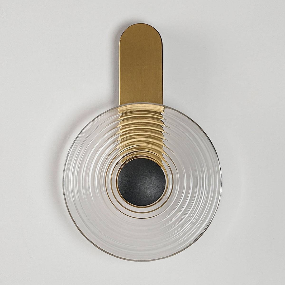 Irvine 7w LED Wall Light in Brass with Clear Ripple Glass Shade with Satin Black Cap