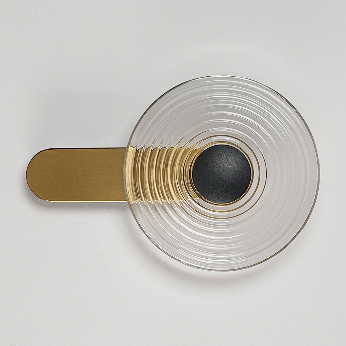 Irvine 7w LED Wall Light in Brass with Clear Ripple Glass Shade with Satin Black Cap