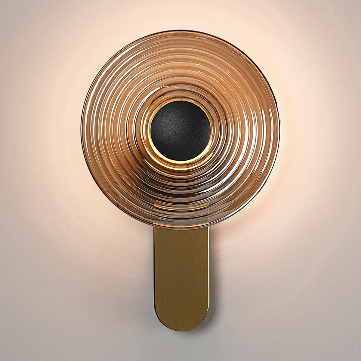 Irvine 7w LED Wall Light in Brass with Smoke Ripple Glass Shade with Satin Black Cap