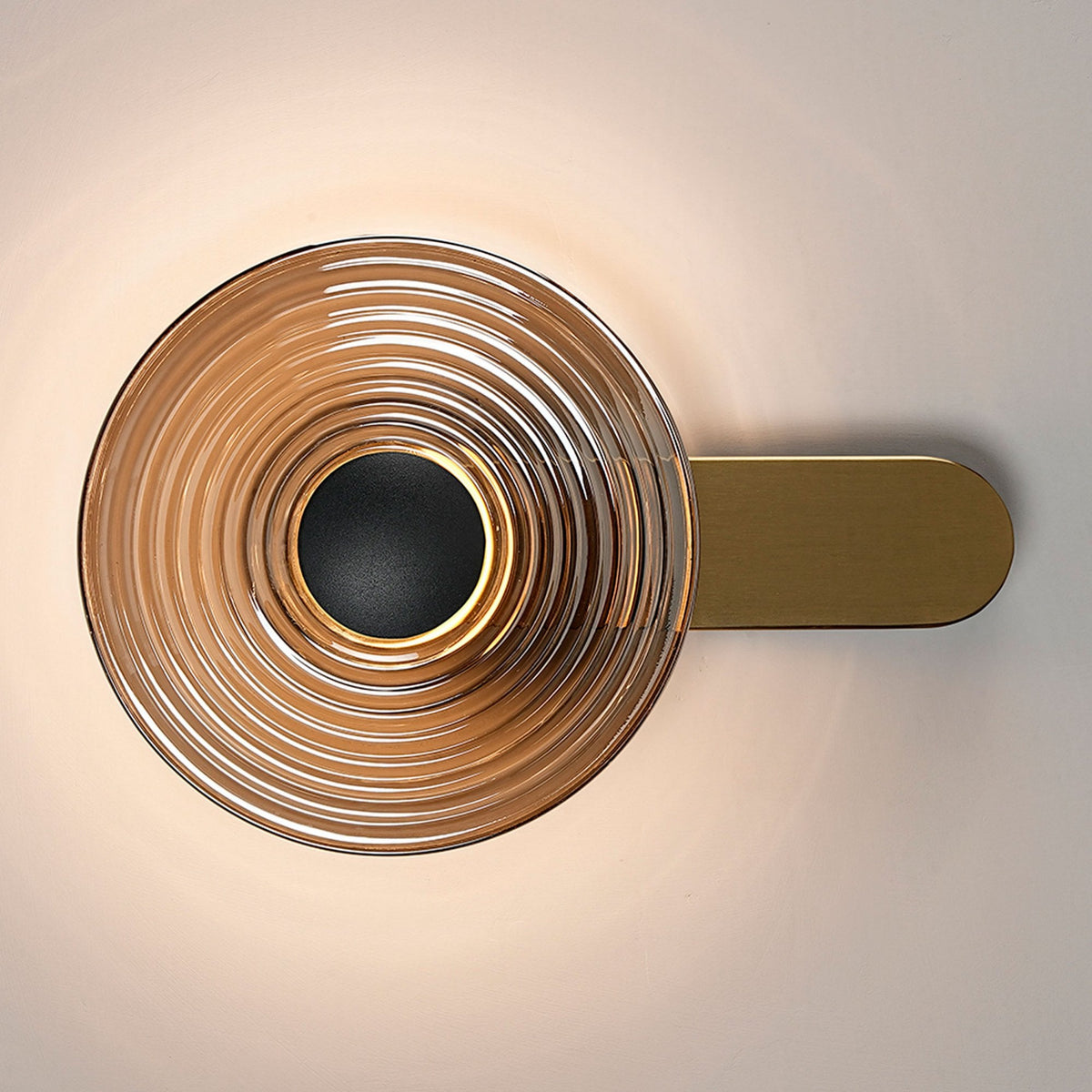 Irvine 7w LED Wall Light in Brass with Smoke Ripple Glass Shade with Satin Black Cap