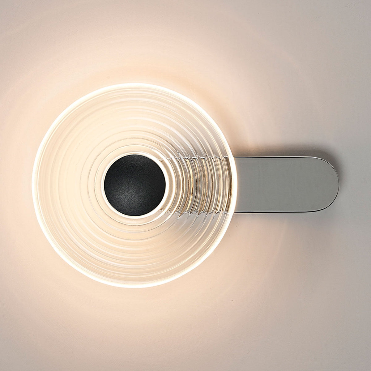 Irvine 7w LED Wall Light in Chrome with Clear Ripple Glass Shade with Satin Black Cap