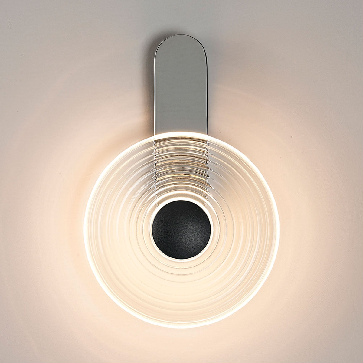 Irvine 7w LED Wall Light in Chrome with Clear Ripple Glass Shade with Satin Black Cap