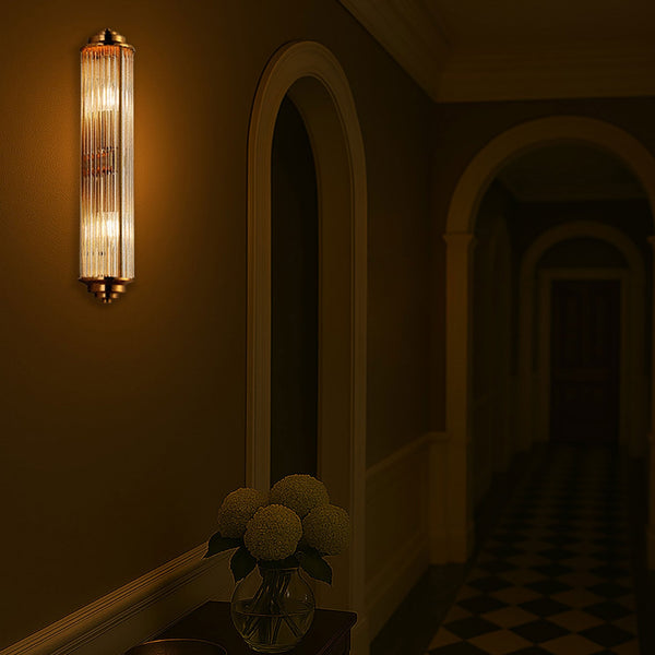 Tansley E14 Twin Lamp IP44 Flush Wall Light in Gold with Clear Glass Rods