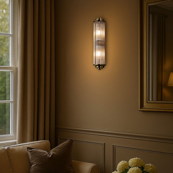 Tansley G9 Twin Lamp IP44 Flush Wall Light in Antique Brass with Clear Glass Rods