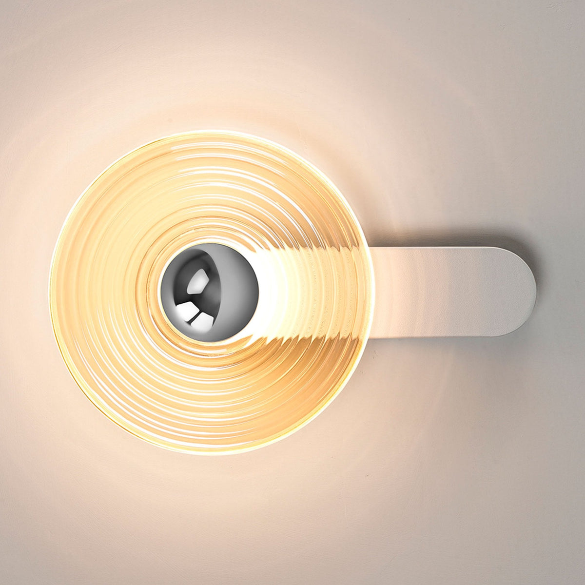 Irvine 7w LED Wall Light in Satin White with Amber Ripple Glass Shade with Chrome Cap