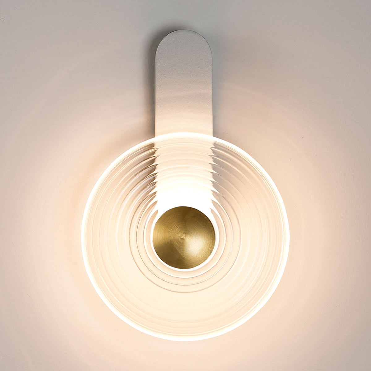 Irvine 7w LED Wall Light in Satin White with Clear Ripple Glass Shade with Brass Cap
