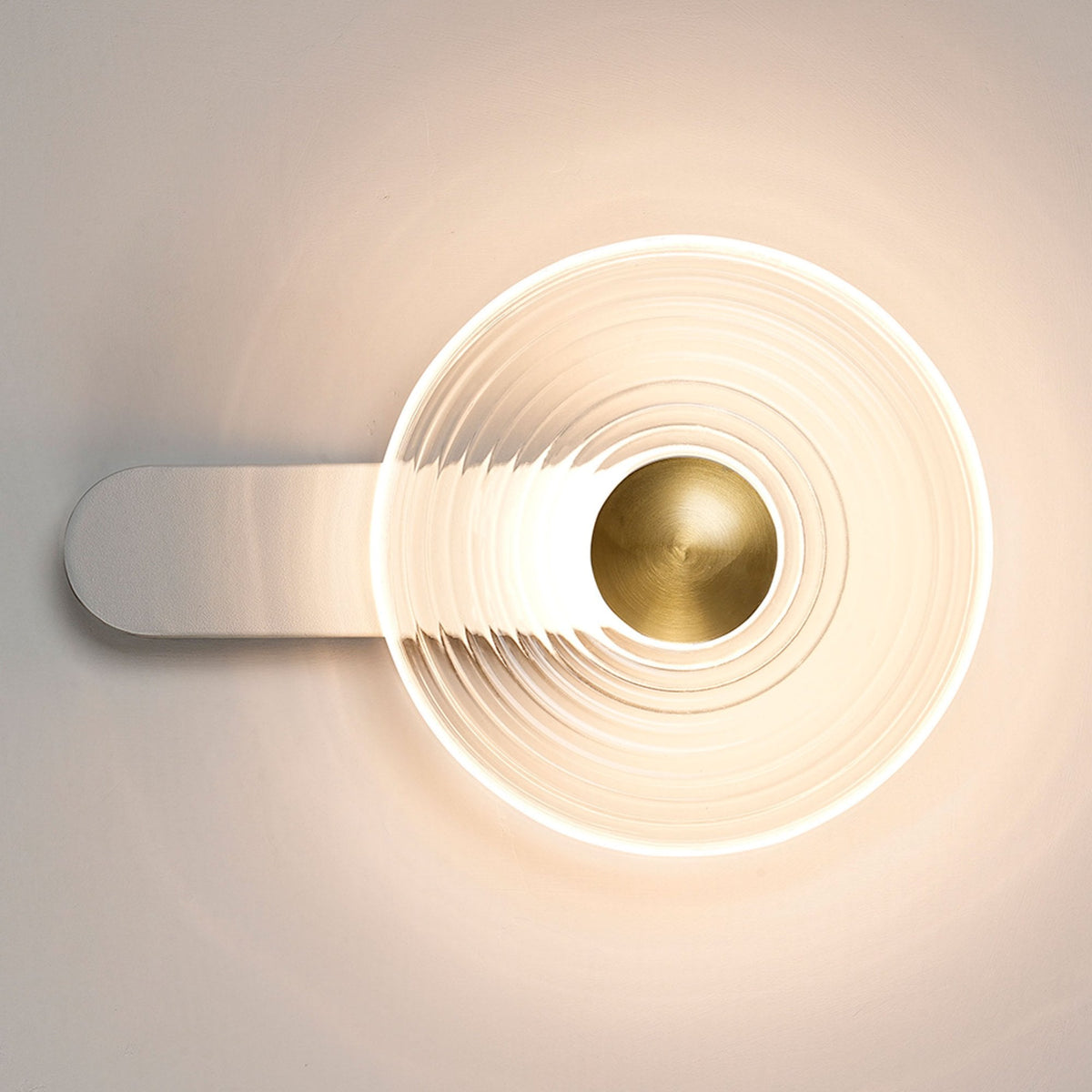 Irvine 7w LED Wall Light in Satin White with Clear Ripple Glass Shade with Brass Cap