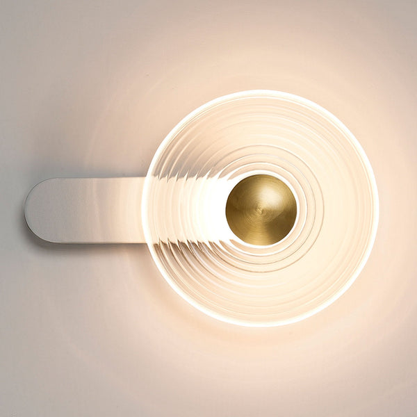 Irvine 7w LED Wall Light in Satin White with Clear Ripple Glass Shade with Brass Cap
