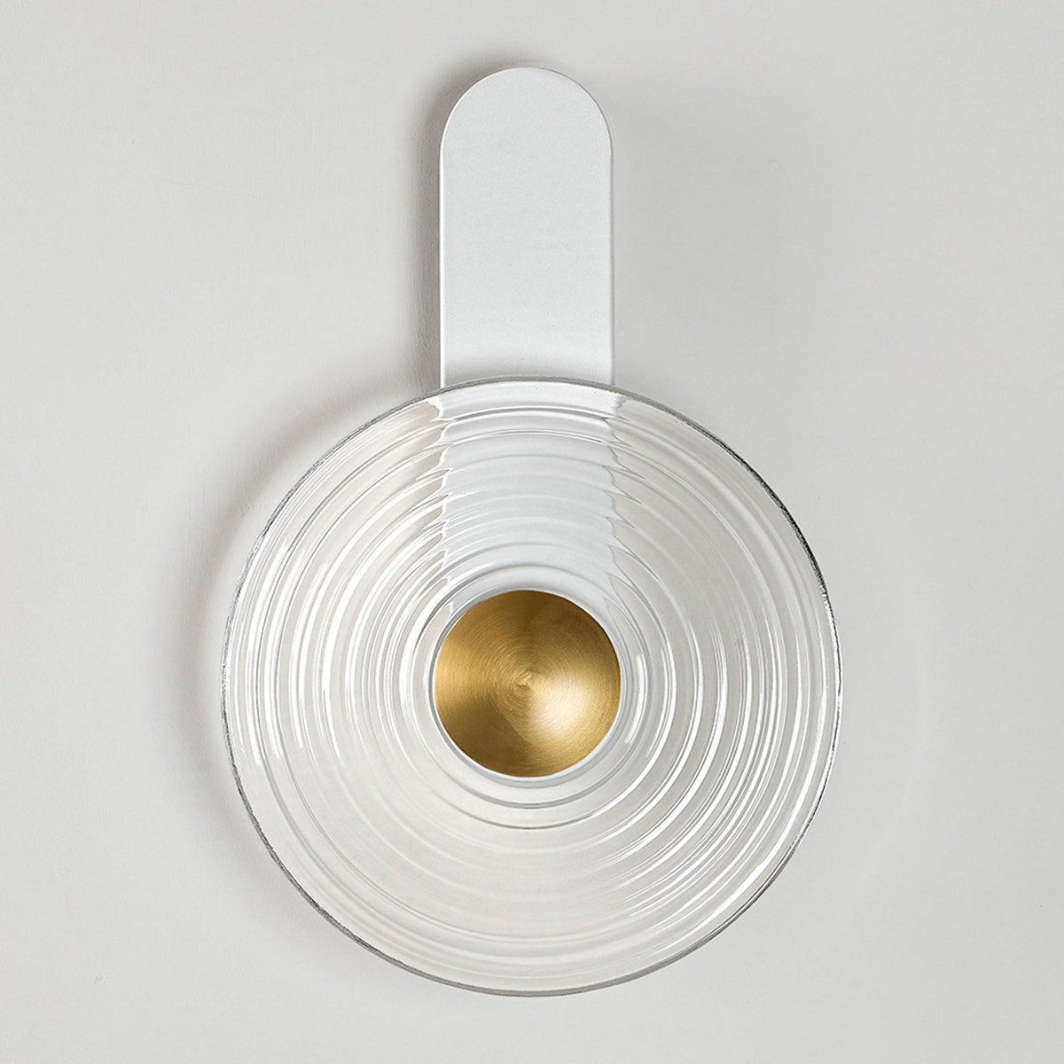 Irvine 7w LED Wall Light in Satin White with Clear Ripple Glass Shade with Brass Cap