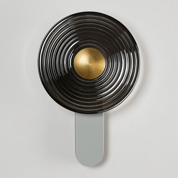 Irvine 7w LED Wall Light in Satin White with Smoke Ripple Glass Shade with Brass Cap