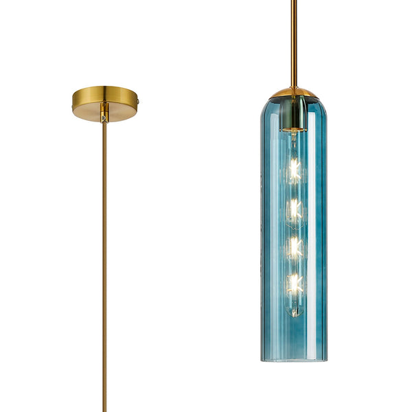 Hamble Single Pendant in Brass Gold Finish with Blue Glass