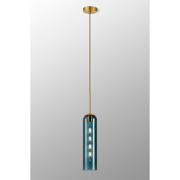 Hamble Single Pendant in Brass Gold Finish with Blue Glass