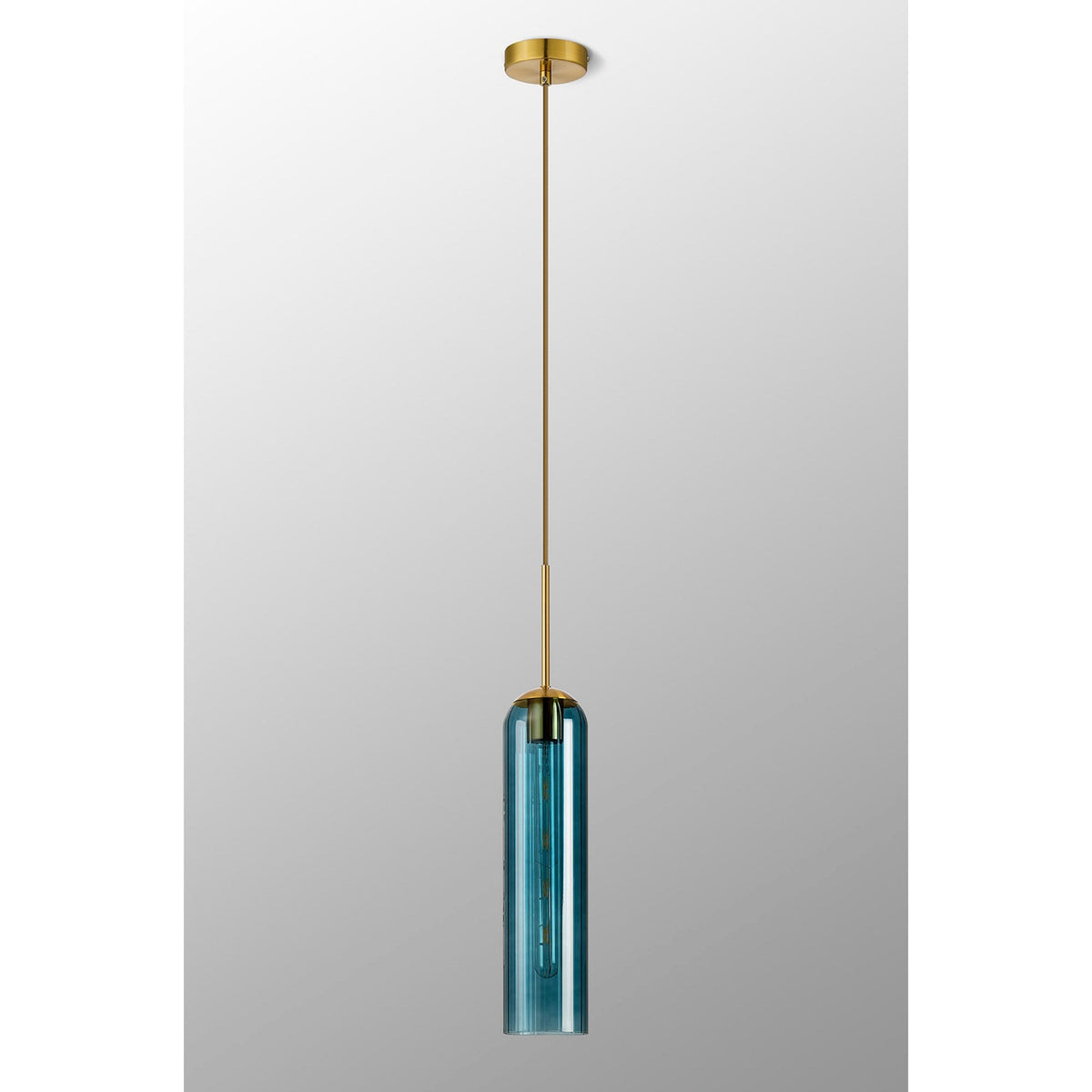 Hamble Single Pendant in Brass Gold Finish with Blue Glass