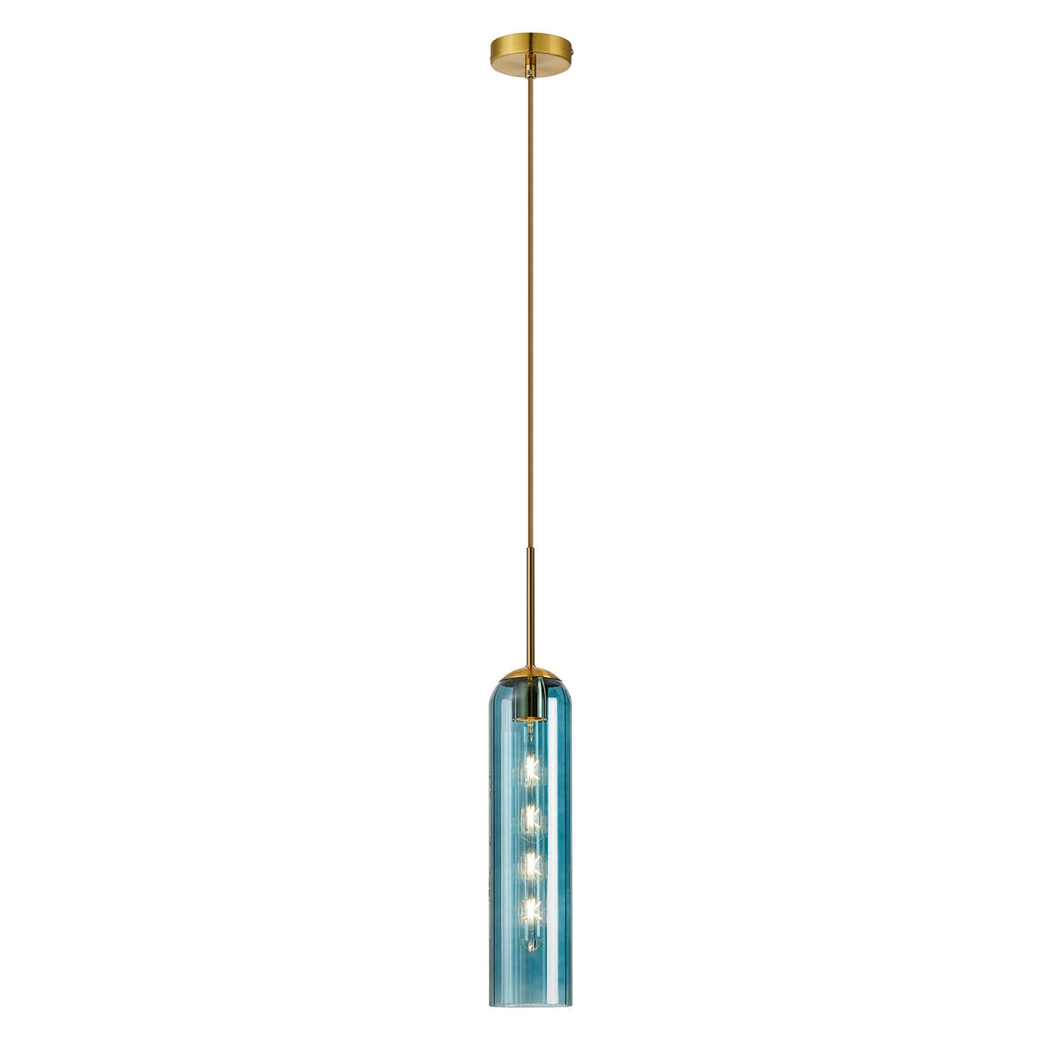 Hamble Single Pendant in Brass Gold Finish with Blue Glass