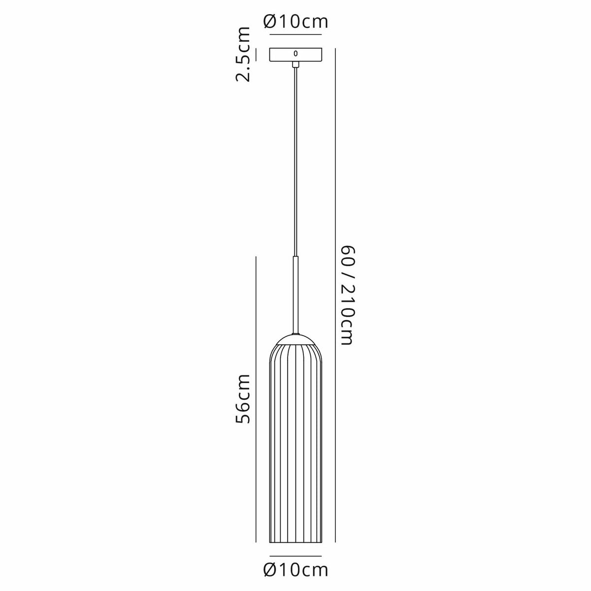 A technical drawing detailing the dimensions of the green cylindrical pendant light.