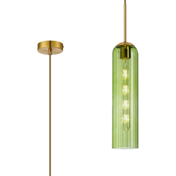 Hamble Single Pendant in Brass Gold Finish with Green Glass