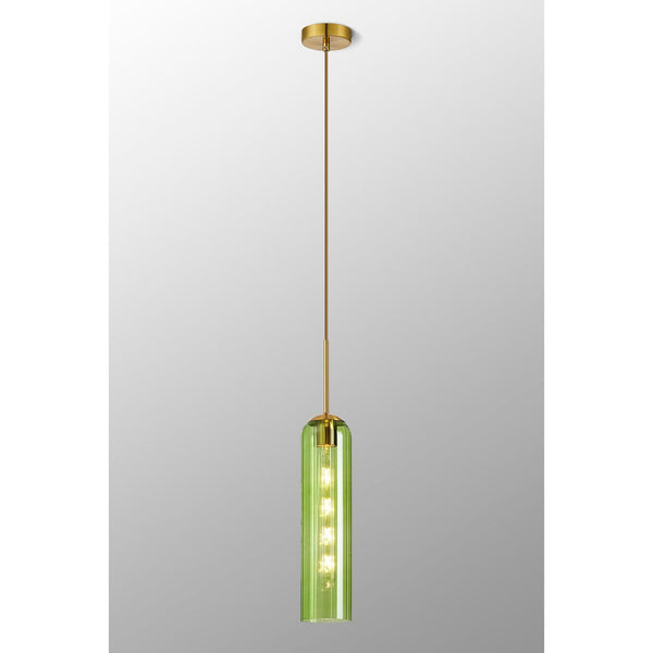 Hamble Single Pendant in Brass Gold Finish with Green Glass