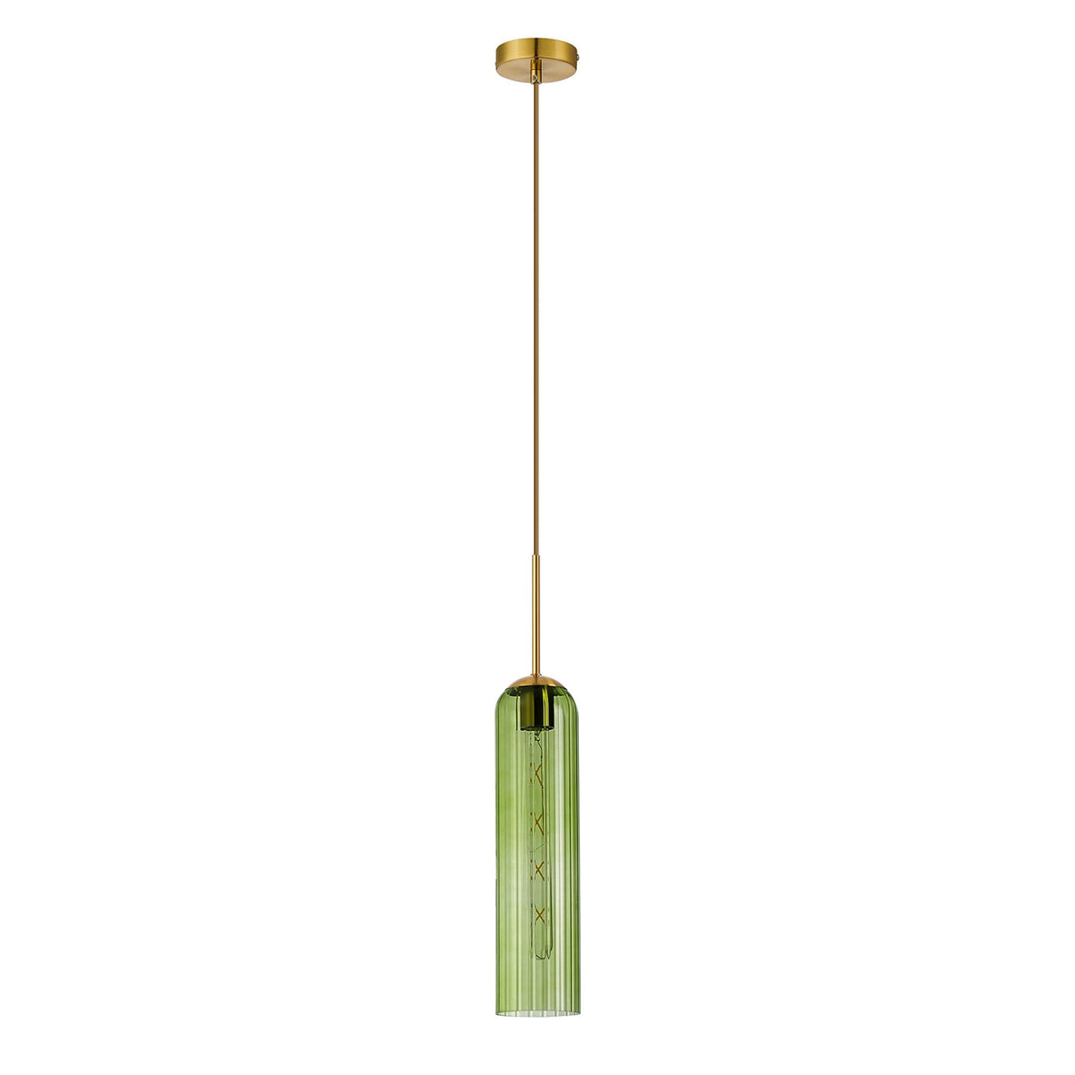 Hamble Single Pendant in Brass Gold Finish with Green Glass