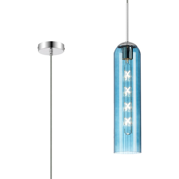 Hamble Single Pendant in Polished Nickel Finish with Blue Glass