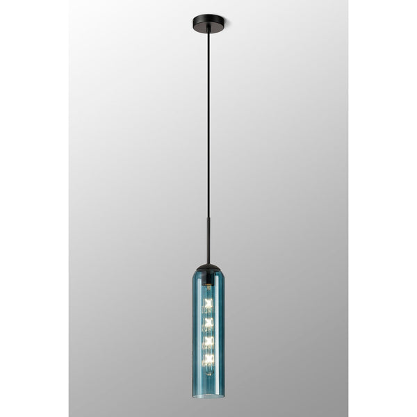 Hamble Single Pendant in Satin Black Finish with Blue Glass