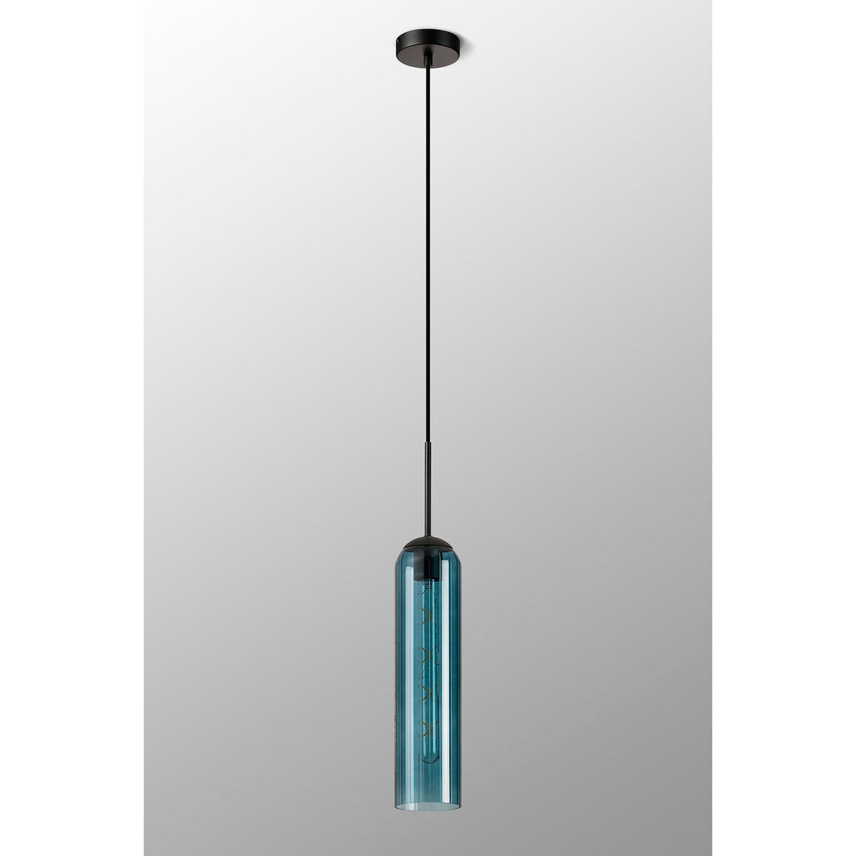 Hamble Single Pendant in Satin Black Finish with Blue Glass