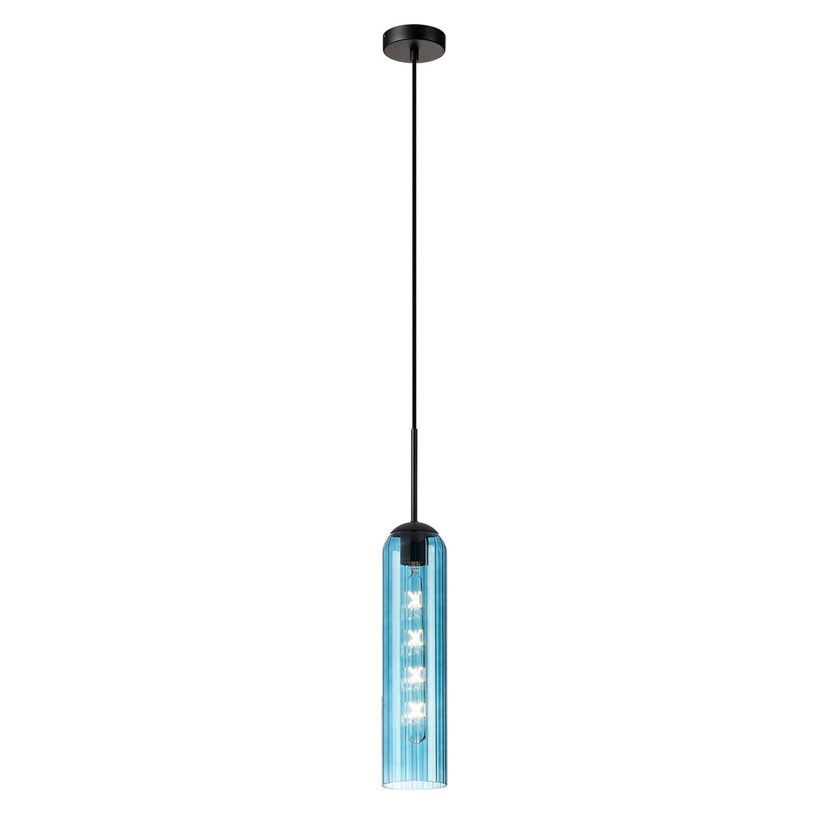 Hamble Single Pendant in Satin Black Finish with Blue Glass