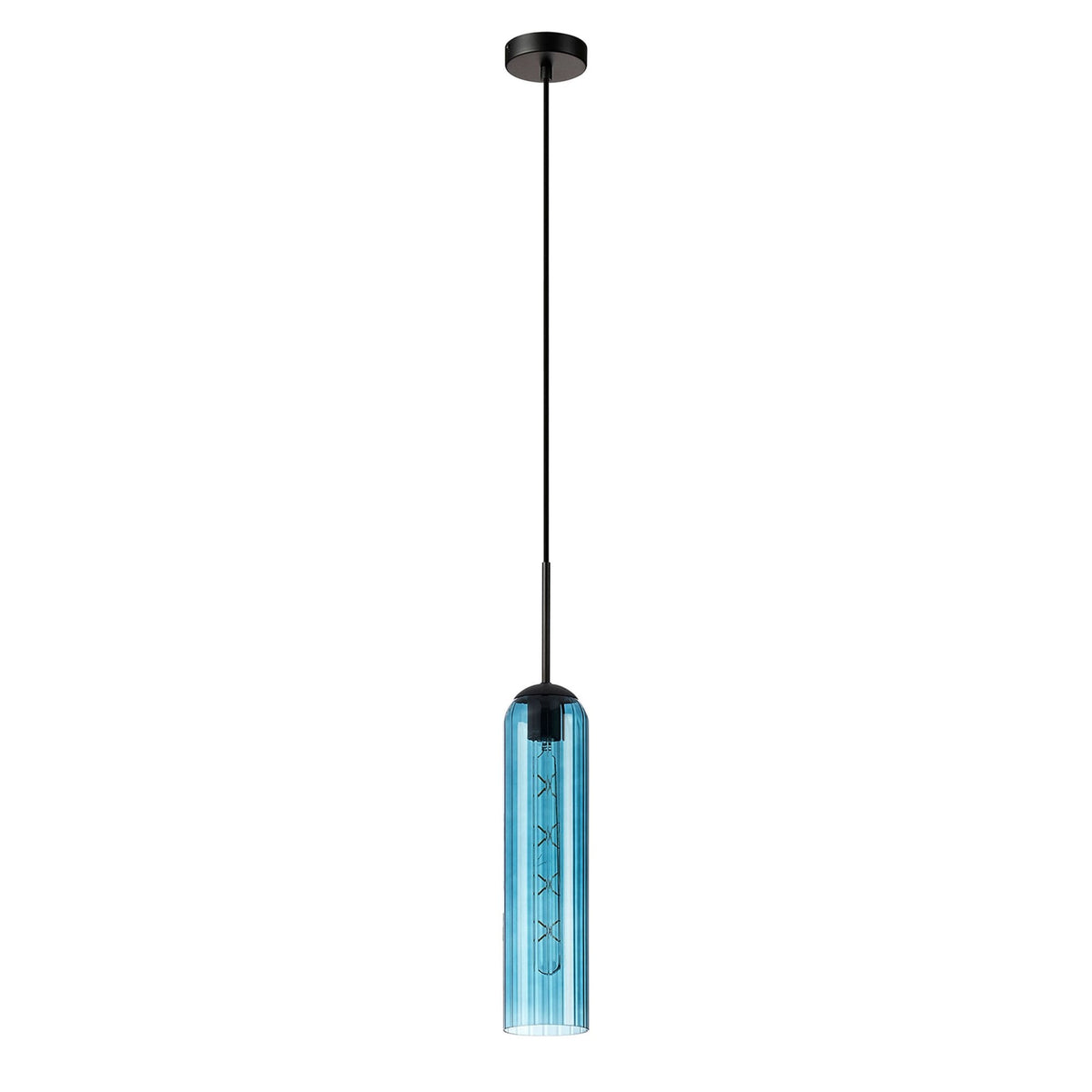 Hamble Single Pendant in Satin Black Finish with Blue Glass