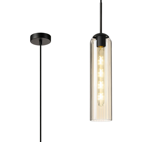 Hamble Single Pendant in Satin Black Finish with Cognac Glass