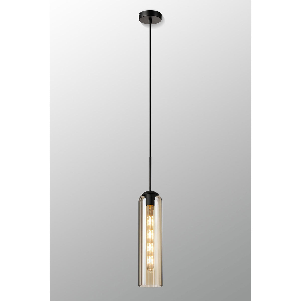 Hamble Single Pendant in Satin Black Finish with Cognac Glass