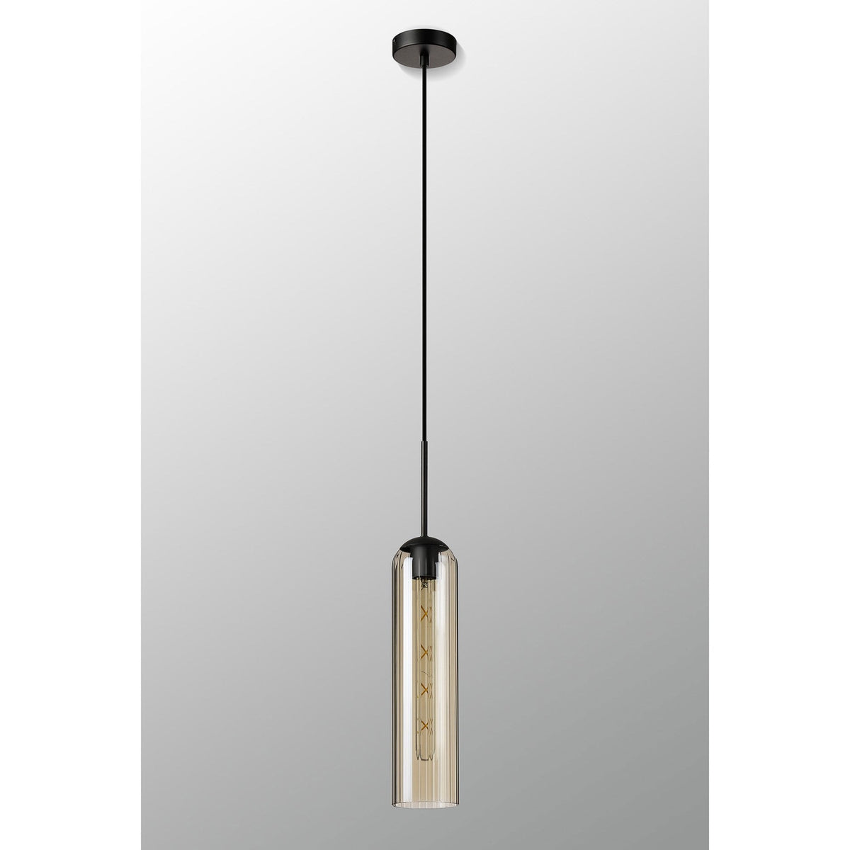 Hamble Single Pendant in Satin Black Finish with Cognac Glass