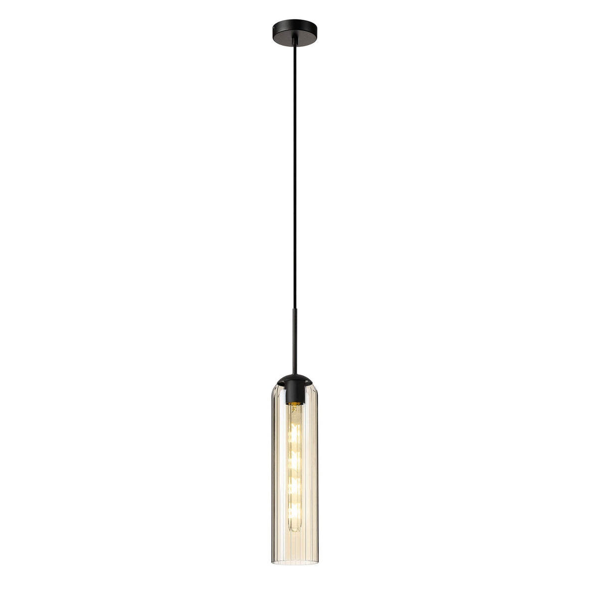 Hamble Single Pendant in Satin Black Finish with Cognac Glass