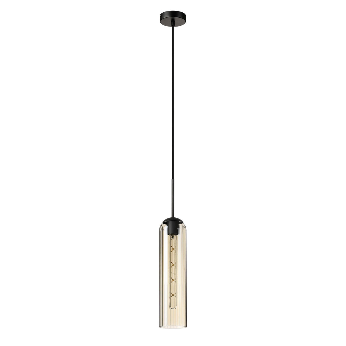 Hamble Single Pendant in Satin Black Finish with Cognac Glass