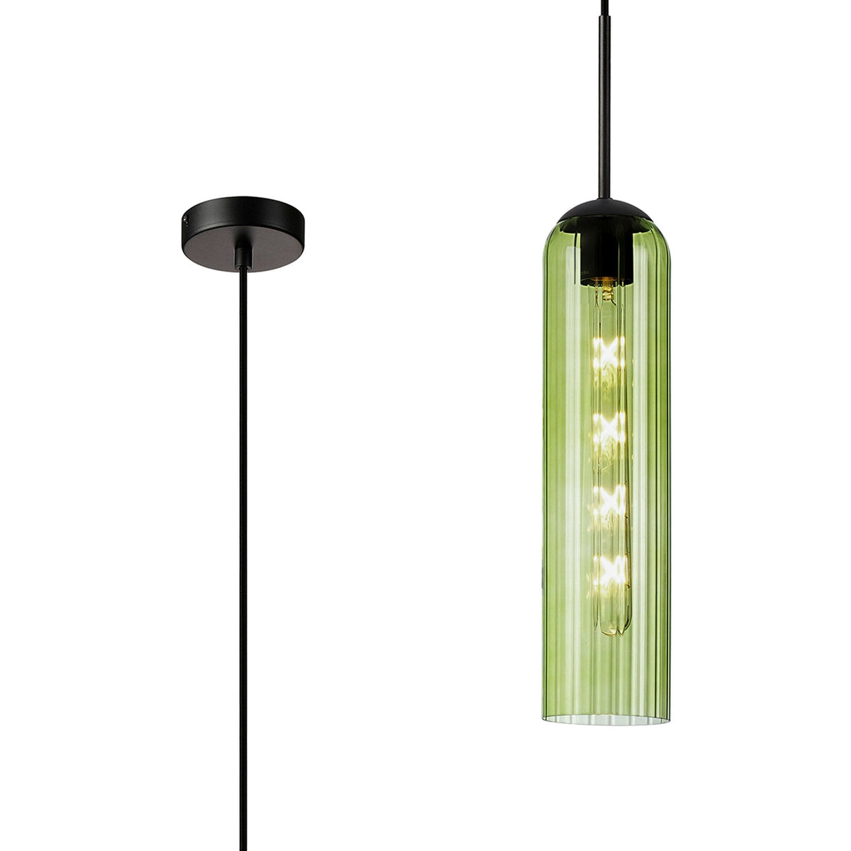 A close-up of a vibrant green cylindrical pendant light with a textured glass shade.