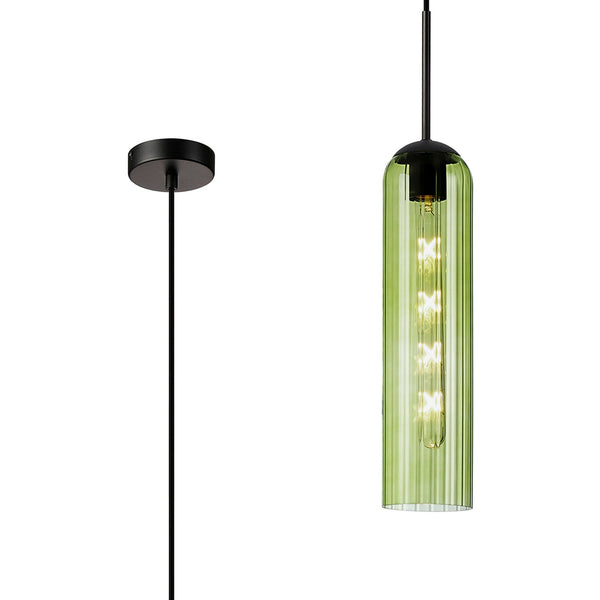 A close-up of a vibrant green cylindrical pendant light with a textured glass shade.