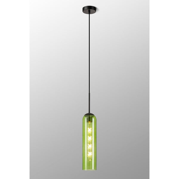 A full view of a modern green cylindrical pendant light with internal LED filaments.