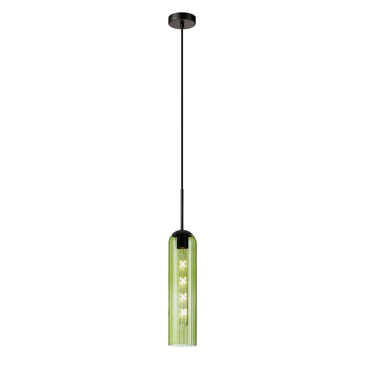 A stylish green cylindrical pendant light showcasing its internal illuminated elements.