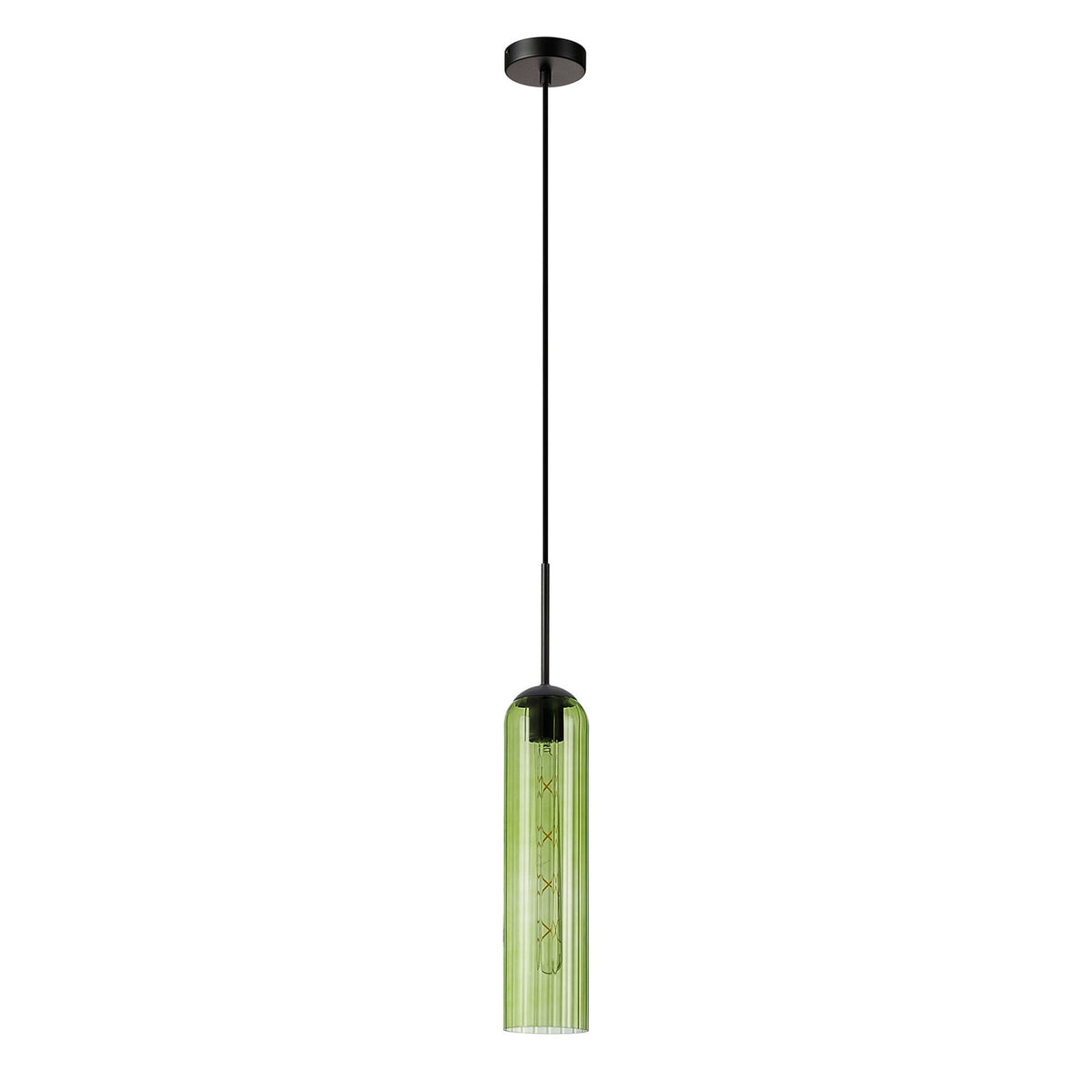 An elegant green cylindrical pendant light with a ribbed glass design, suspended from above.