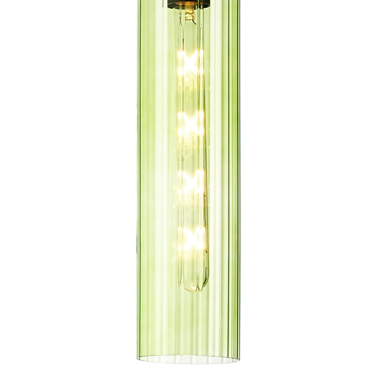 A detailed close-up of the textured green glass and internal light source of the pendant.