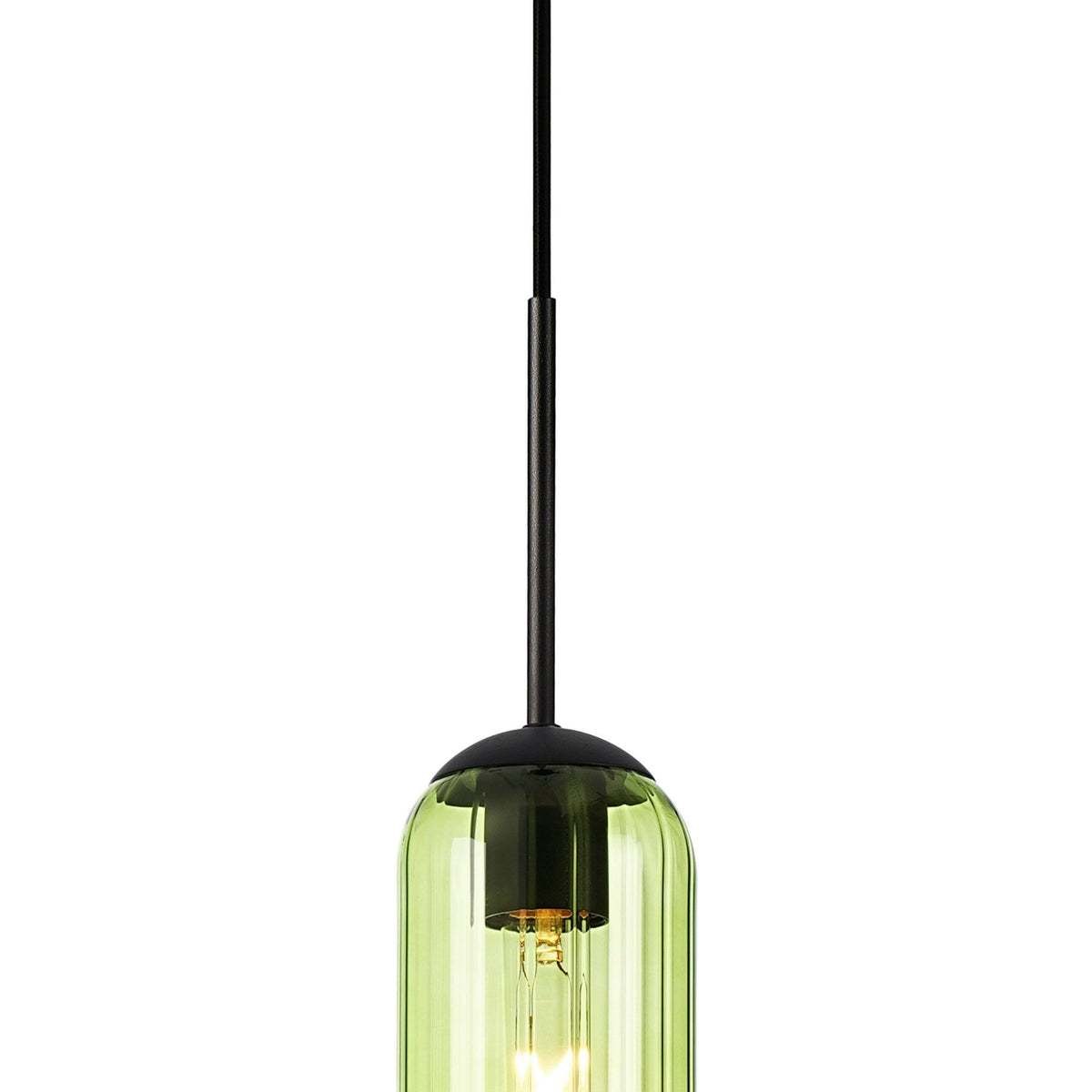 A top-down view of the green cylindrical pendant light, highlighting the black cap and suspension.