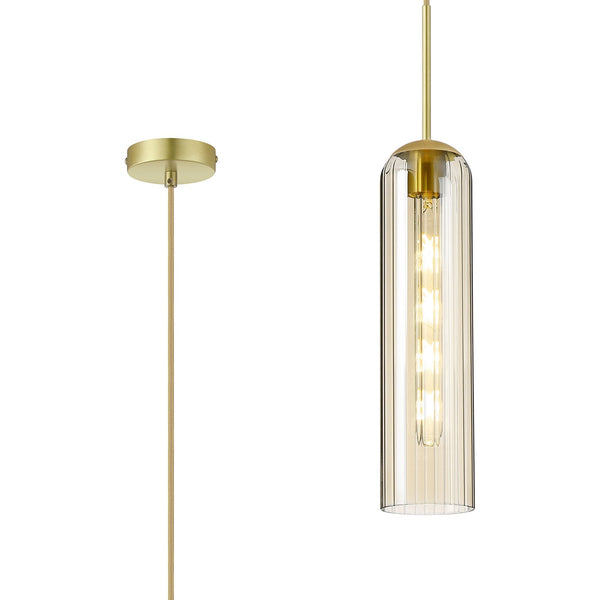 Hamble Single Pendant in Satin Gold Finish with Cognac Glass